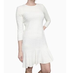 SHOSHANNA Long Sleeve Ruffled Crew Neck Sheath Textured White Dress Sz 12